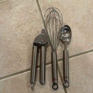 Rosle kitchen tools - whisk, ice cream scoop, and garlic press